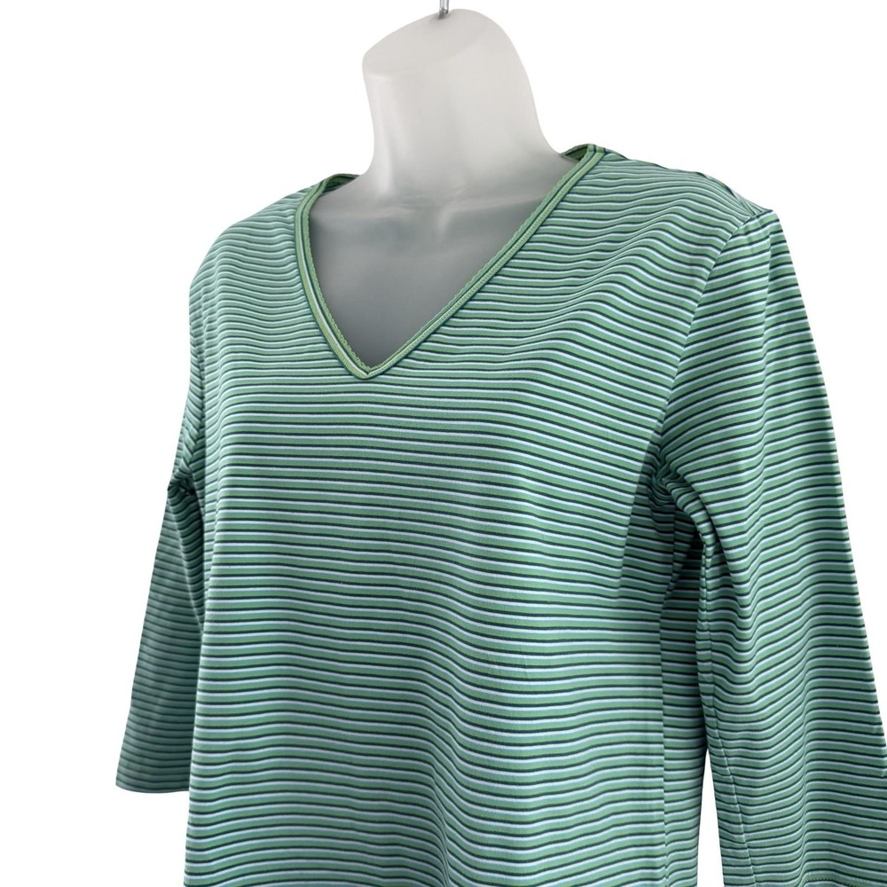 Vintage Escada Sport Shirt Womens Large Green Stripe V Neck Stretch Knit Top Y2K